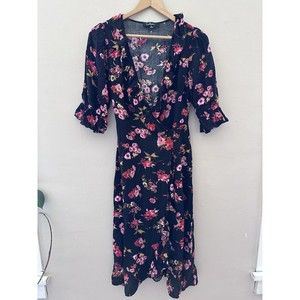 Lulus Women Midnight Magic Black Floral Ruffled Midi Dress Size Small Wrap Skirt